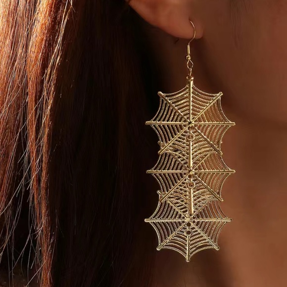 Gold Spiderweb Dangle Earrings - Picture 6 of 6